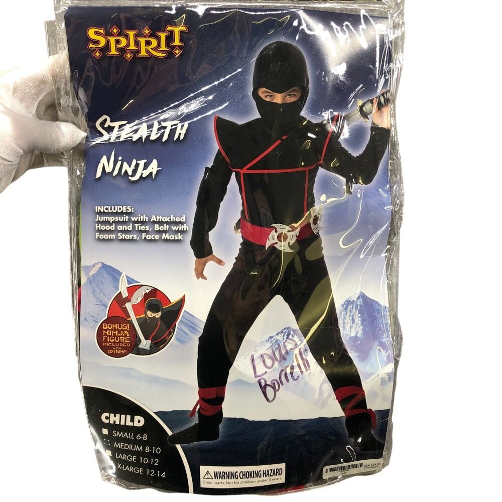 Spirit Halloween Boys M 8-10 Stealth Ninja Costume Black Full Outfit Mask‎ Belt